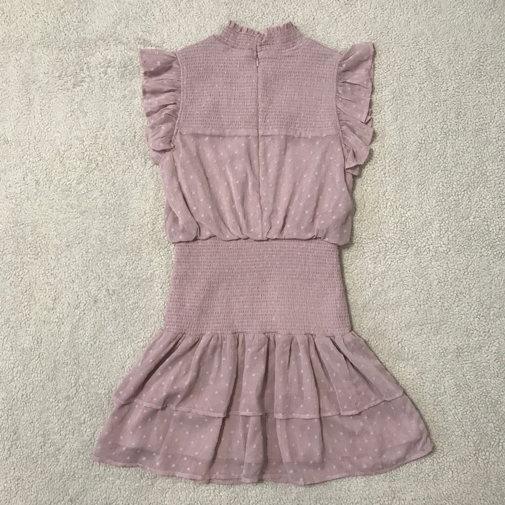 SOLD Aqua Mini Dress Flutter Sleeve Ruffle Smocked Pink Purple Pit to Pit 18โ ๐จ - Picture 11 of 14